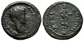 Mysia, Kyzikos. Marcus Aurelius, 160-181 AD. AE (23mm, 7.44g). ΑV ΚΑΙ Μ ΑVΡΗ ΑΝΤΩΝΕΙΝΟС, bare head right. / KYZI-KHNΩN, lighted torch on altar, entwin...