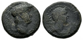 Mysia, Kyzikos. Nero, 54-68 AD. AE (15mm, 3.75g). NEPΩN. Bare head of Nero right; in left field ΦΥ monogram / K-Y-Z-I, draped bust of wife of Nero (St...