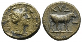 Mysia, Kyzikos. Pseudo-autonomous. Time of Hadrian, AD.117-138. AE (16mm, 3.75g). Βust of Kore Soteira right, wearing corn-wreath; All within wreath o...