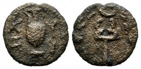 Mysia, Kyzikos. Semi-autonomous, 100-150 AD. AE (13mm, 1.37g). K-Y Z-I in two lines to left and right of oinochoe / Caduceus within wreath of corn-ear...