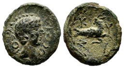 Mysia, Kyzikos. Uncertain emperor (Caligula, Augustus or Claudius), 1st century AD. AE (16mm, 2.34g). NEOY ΘEOY, bare head right / KYZI, Capricorn lea...
