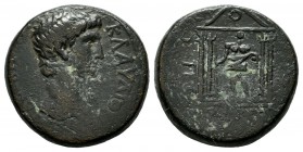 Mysia, Pergamon. Claudius, AD 41-54. AE (17mm, 4.61g). KΛΑΥΔΙΟΝ ΚΑΙCΑΡΑ CEBACTON. Bare head right / CEBACTON / PERΓΑΜΕΝΟΙ. Statue of Augustus, holding...