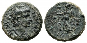 Pamphylia, Side. Nero, AD.54-68. AE (18mm, 5.44g). NEPΩN KAICAP. Draped bust right. / CIΔHT. Athena advancing left, holding shield in left hand and sp...