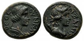 Phrygia, Aezanis. Time of Claudius, 41-54 AD. AE (15mm, 3.57g). ΘЄON CVNKΛHTΩN. Draped bust of Senate right / AIZANITΩN. Draped bust of Artemis right....