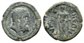 Phrygia, Eumeneia. Pseudo-autonomous, 2nd-3rd centuries AD. AE (15mm, 2.34g). Bearded head of Herakles right. / ЄVM Є NЄΩN, Hermes standing left, hold...