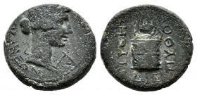 Phrygia, Laodikeia ad Lycum. Pseudo-autonomous. Time of Tiberius (14-37). AE (13mm, 2.91g). Pythes Pythou, magistrate. ΛAOΔIKEΩN. Laureate head of Apo...