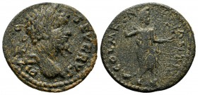 Pisidia, Antiochia. Septimius Severus AD.193-211. AE (22mm, 4.59g). Laureate and draped bust right / Mên standing right, with foot on bucranium, holdi...