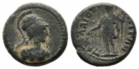 Pisidia, Palaiopolis. Circa 2nd-3rd centuries AD. AE (14mm, 2.43g). Helmeted bust of Athena right, wearing aegis / ΠΑΛΑΙΟΠΟΛΕΙΤΩΝ, Demeter standing le...
