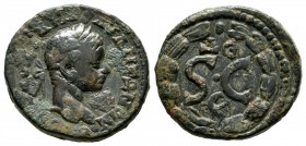 Seleucis and Pieria, Antiocheia ad Orontem. Elagabalus, AD.218-222. AE (20mm, 6.41g). Laureate and draped bust right. / S • C; Δ Є above, eagle below;...