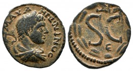 Seleucis and Pieria. Antiochia ad Orontem. Elagabalus (218-222). AE (19mm, 3.38g). AV K M AV ANTΩNINOC. Laureate, draped and cuirassed bust right / La...