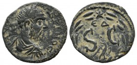 Seleucis and Pieria. Antiochia ad Orontem. Macrinus. AD 217-218. AE (19mm, 4.84g). Laureate head right / Large S•C; Δ Є above, eagle below; all within...