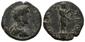 Troas, Alexandreia. Commodus, AD 180-192. AE (20mm, 6.29g). COMMODOC CAE [...], laureate, draped and cuirassed bust right / COL AVG TROAD, statue of A...