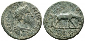 Troas, Alexandreia. Maximinus I. Thrax AD 235-238. AE (23mm, 9.39g). Laureate, draped, and cuirassed bust right. / COL AV, horse standing right, tree ...