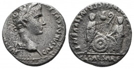 Augustus, 27 BC-AD 14. AR Denarius (18mm, 3.43g). Lugdunum. [CAESAR AVGVSTVS DIVI F PATER PATRIAE], laureate head right / AVGVSTI F COS DESIG PRINC IV...