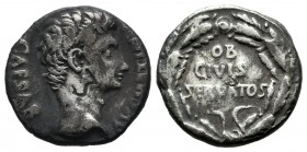 Augustus. 27 BC-AD 14. AR Denarius (16mm, 3.71g). Spanish mint (Colonia Patricia?). Struck 19-18 BC. CAESAR AVGVSTVS, bare head right / OB/CIVIS/SERVA...