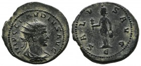 Claudius II Gothicus, AD 268-270. AE Antoninianus (20mm, 4.10g). Antioch. IMP C CLAVDIVS AVG, radiate, draped and cuirassed bust right / SALVS AVG, Is...