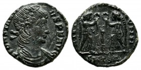 Constans, 336-337 AD. AE (14mm, 1.46g). Thessalonica. CONSTA-NS PF AVG, laurel and rosette-diademed, draped, cuirassed bust right / VICTORIAE DD AVGGQ...