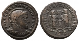 Constantine I. AD 307-337. AE Follis (17mm, 2.78g). Siscia mint. Struck 319/20 AD. CONSTA-NTINVS AVG, laureate, helmeted and cuirassed bust right / VI...