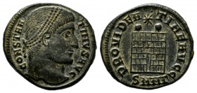 Constantine I. AD 324-5. AE Nummus (16mm, 2.92g). Nicomedia. CONSTANTINVS AVG, laureate head right / PROVIDENTIAE AVGG, camp gate with two turrets; st...