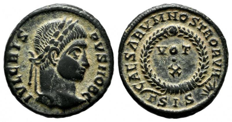 Crispus, AD 320. AE Follis (18mm, 2.97g). Siscia. IVL CRISPVS NOB CAES, laureate...