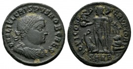 Crispus, AD.316-326. AE Follis (19mm, 3.12g). Heraclea. D N FL IVL CRISPVS NOB CAES. Laureate, draped and cuirassed bust right. / IOVI CONSERVATORI / ...