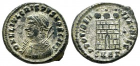 Crispus, Caesar. 317-326 AD. AE Follis (19mm, 3.68g). Heraclea mint. Struck 318-20 AD. D N FL IVL CRISPVS NOB CAES, laureate and mantled bust left, ho...