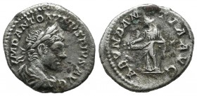 Elagabalus, AD. 218-222. AR Denarius (19mm, 3.08g). Rome. IMP ANTONINVS PIVS AVG. Laureate, draped and cuirassed bust right / ABVNDANTIA AVG. Abundant...