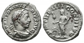 Elagabalus, AD.218-222. AR Denarius (18mm, 3.35g). Rome. IMP ANTONINVS PIVS AVG, laureate, horned and draped bust right / P M TR P IIII COS III P P, E...