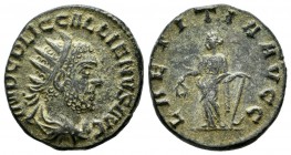 Gallienus, AD.253-268. AE Antoninianus (20mm, 3.88g). Antioch. IMP C P LIC GALLIENVS AVG. Radiate, draped and cuirassed bust right / LAETITIA AVGG.Lae...