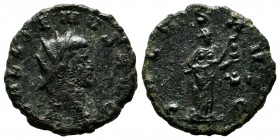 Gallienus, AD.265-266. AE Antoninianus (19mm, 3.49g). Rome mint. GALLIENVS AVG, radiate head right / SALVS AVG XII, Salus feeding serpent out of pater...