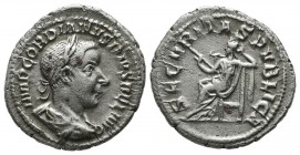 Gordian III. AD 238-244. AR Denarius (20mm, 2.82g). Rome. IMP GORDIANVS PIVS FEL AVG, laureate and draped bust right / SECVRITAS PVBLICA, Securitas se...