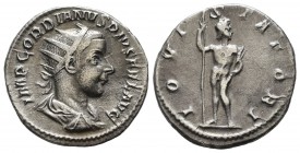 Gordian III. AD 238-244. AR Denarius (20mm, 3.45g). Rome, AD 240. Laureate, draped, and cuirassed bust right / Jupiter standing facing, head right, ho...