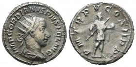 Gordian III. AD 241-243. AR Antoninianus (21mm, 3.64g). Rome. IMP GORDIANVS PIVS FEL AVG, radiate, draped and cuirassed bust right / P M TR P V COS II...