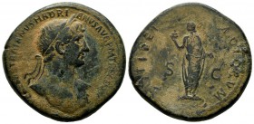 Hadrian, AD.117-138. AE Sestertius (35mm, 25.79g). Rome mint. IMP CAESAR TRAIANVS HADRIA-NVS AVG P M TR P COS III, laureate, bare-chested "heroic" bus...