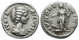 Julia Domna, wife of Septimius Severus AD 193-217. Struck AD 200-207. AR Denarius (18mm, 3.34g). Rome. IVLIA AVGVSTA, draped bust right / IVNO REGINA,...