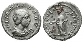 Julia Maesa. Augusta, AD 218-224/5. AR Denarius (18mm, 3.16g). Rome. Struck under Elagabalus, AD 220-222. Draped bust right / Felicitas standing left,...