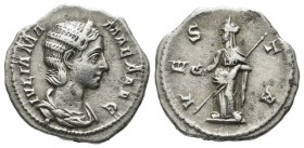 Julia Mamaea. Augusta, AD 222-235. AR Denarius (19mm, 2.73g). Rome, 7th emission of Severus Alexander, AD 227. Draped bust right, wearing stephane / V...