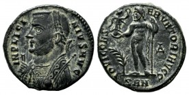 Licinius I. AD.308-324. AE Follis (18mm, 3.13g). Nicomedia. IMP LICINIVS AVG. Laureate and draped bust left, holding mappa, globus and sceptre / IOVI ...