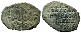 Basil I the Macedonian with Constantine (867-886). AE Follis (29mm, 4.84g). Constantinople. + ЬASIL S COҺST AЧGG'. Crowned facing busts of Basil, wear...