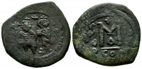 Constans II with Constantine IV. 641-668 AD. AE Follis - 40 Nummi (30mm, 13.21g). Constantinople mint. Constans, with long beard, wearing crown and mi...