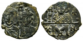 Constantine V Copronymus, with Leo IV and Leo III. AD 741-775. AE Follis (18mm, 1.62g). Constantinople mint. Struck 751-769(?). Crowned and draped fac...