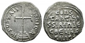 Constantine VI with Irene AD 780-797. AR Miliaresion (18mm, 2.27g). Constantinople. IhSUS XRISTUS NICA, cross potent on three steps within triple bord...
