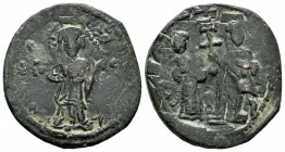 Constantine X Ducas with Eudocia, AD. 1059-1067. AE Follis (27mm, 6.54g). Constantinople mint. Christ standing facing on footstool / Eudocia and Const...