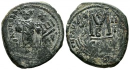 Heraclius with Heraclius Constantine, 610-641 AD. AE Follis (30mm, 12.15g). Constantinople mint, 2nd officina. Dated RY 3 (613). Heraclius, on left, a...