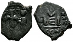 Heraclius with Heraclius Constantine. 610-641 AD. AE Follis - 40 Nummi (25mm, 6.26g). Constantinople mint, 5th. officina. Dated RY 24 (634/35 AD) Hera...