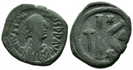 Justin I. 518-527 AD. AE 20 Nummi (25mm, 8.77g). Constantinople. Diademed, draped and cuirassed bust right / Large K; long cross to left, star above a...