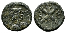 Justin I. 518-527 AD. AE Pentanummium (13mm, 2.03g). Constantinople mint, 2nd officina. D N IVSTINVS P P AV, pearl diademed, draped, cuirassed bust ri...
