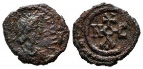 Justin I. 527-565 AD. AE Pentanummium (14mm, 1.91g). Theoupolis (Antioch) mint. Struck circa 560-565. A N PT IS E N P S AVG. Diademed, draped and cuir...