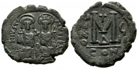 Justin II with Sophia, 565-578 AD. AE Follis - 40 Nummi (27mm, 13.36g). Constantinople mint, 4th officina. Dated RY 7 (571/2). D N IVSTINVS P P AV, Ju...