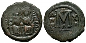 Justin II with Sophia, 565-578 AD. AE Follis - 40 Nummi (29mm, 14.41g). Constantinople mint. Dated RY 11 (575/76 AD). Justin and Sophia, both nimbate,...